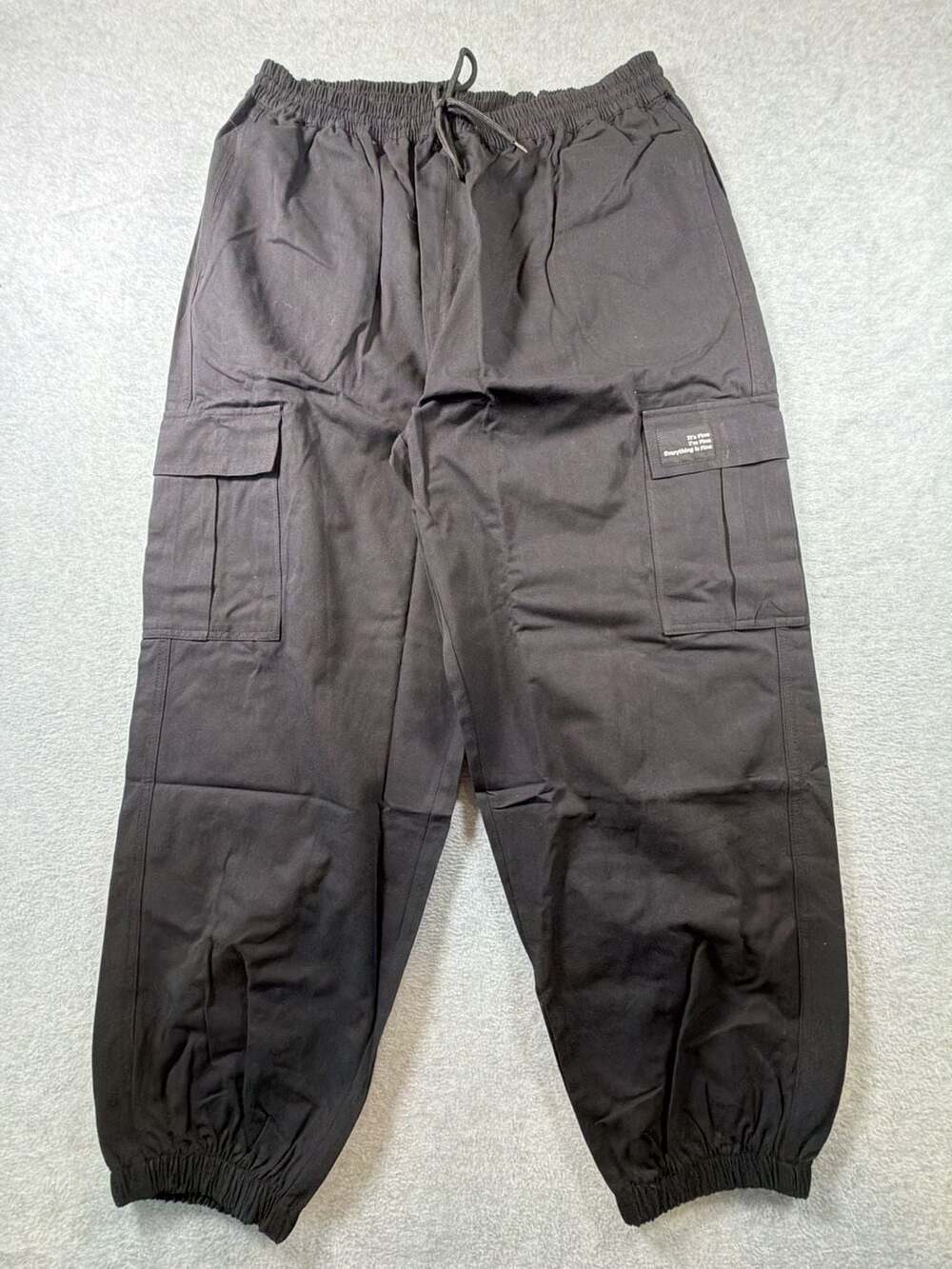 Unbranded Black Cargo Jogger Pants with 'It's Fine' Quote Patch